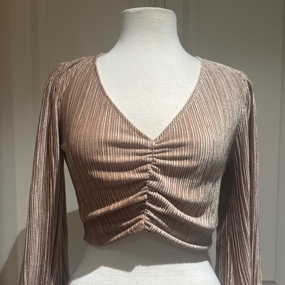Topshop Metallic Beige Ruched Crop Top